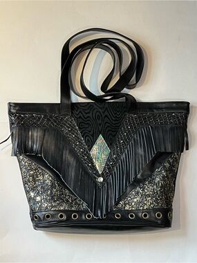 Vintage Black Fringe Tote/Bucket Bag  with Metallic Accent and all the Details